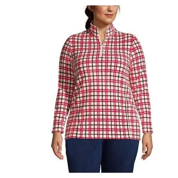 Lands End Womans Fleece Plus Size 18 Hoodie Red White Plaid 1/4 Zip Pullover # - Picture 1 of 10